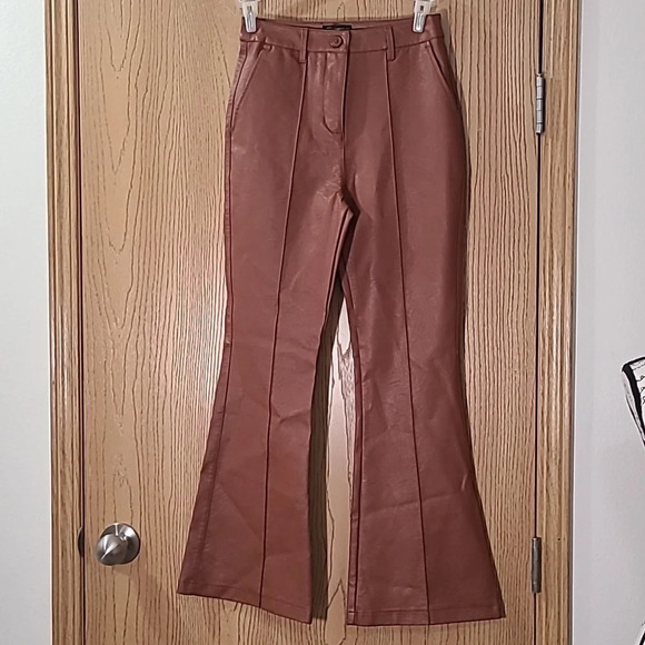 Shinestar Pants - Shinestar brown vegan leather retro high waist flare leg pants